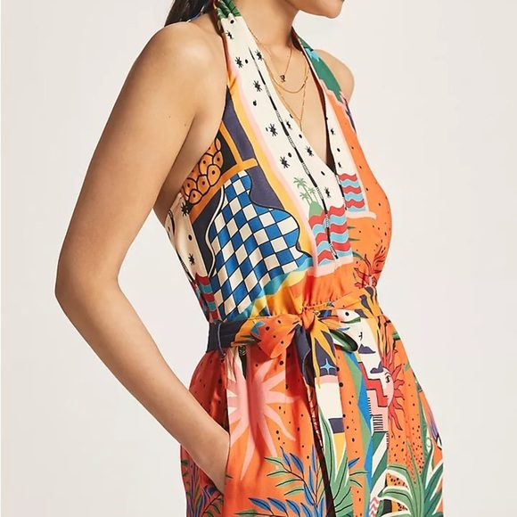 Farm Rio Anthropologie Halter Jumpsuit Wide Leg Bohemian Southwestern Print L - Picture 4 of 11